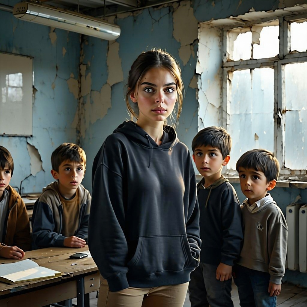 Angelina a determined 17yearold Ukrainian young adult stands among a group of 5 children their faces reflecting a mix of confusion and sorrow Her brow is furrowed in concern as she scans the stark drab classroom filled with peeling paint and flickeri-1