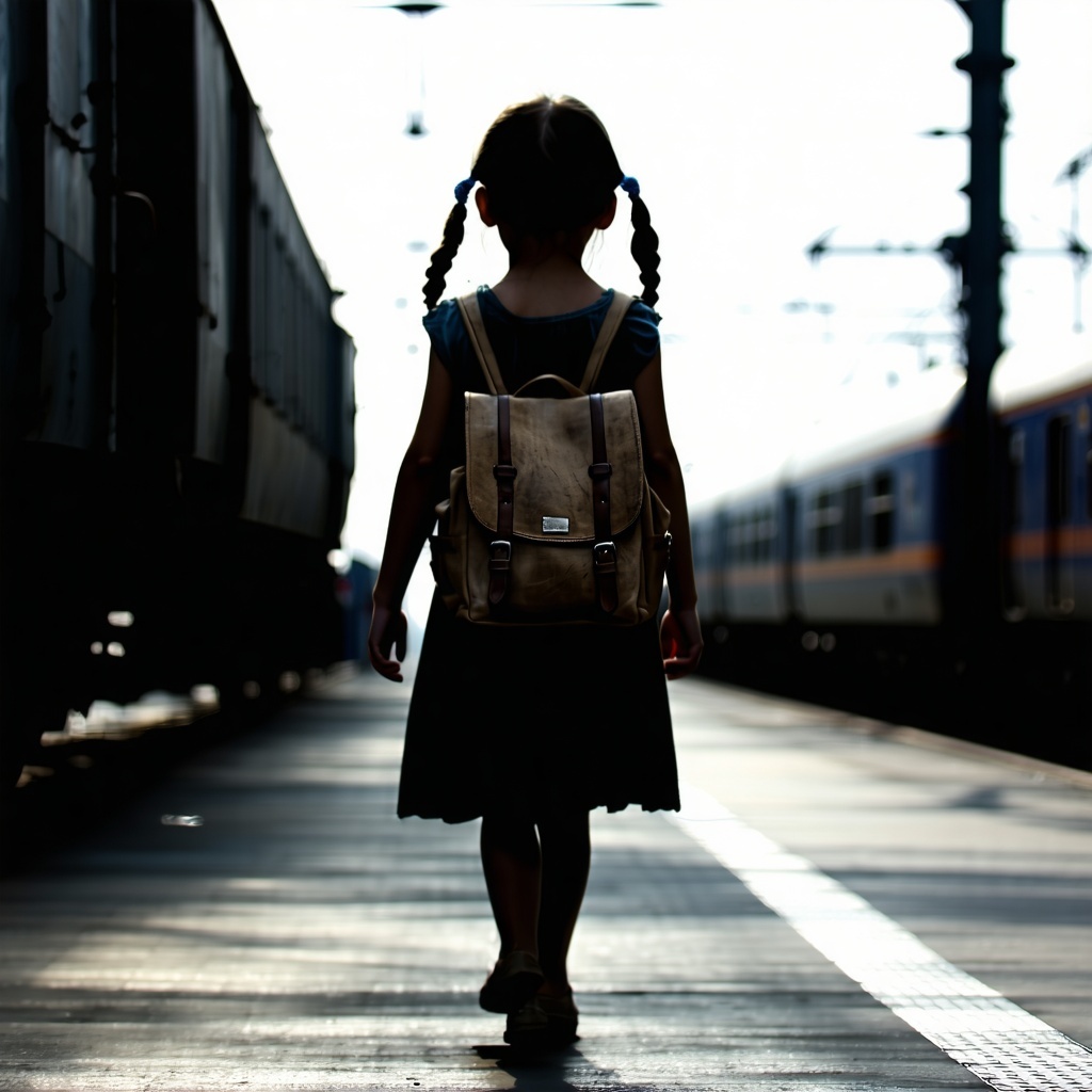The outline of an 11yearold Ukrainian girl is captured as she walks away her petite figure contrasting with the stark industrial backdrop of a train loading platform She carries a worn backpack slung over one shoulder its weight suggesting the burden