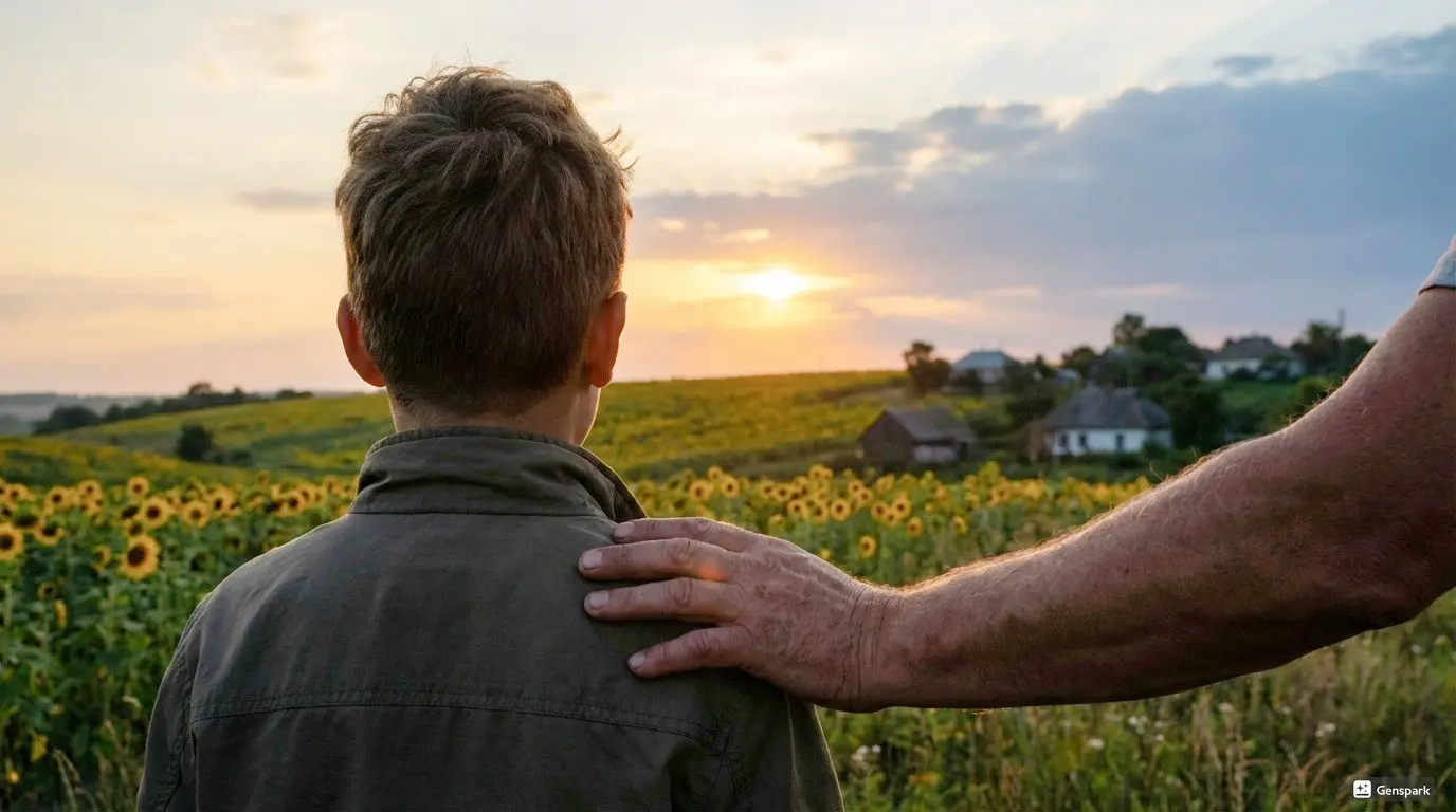Young kid looking at large field with a sunset. A person's hand is resting on the kids right shoulder.