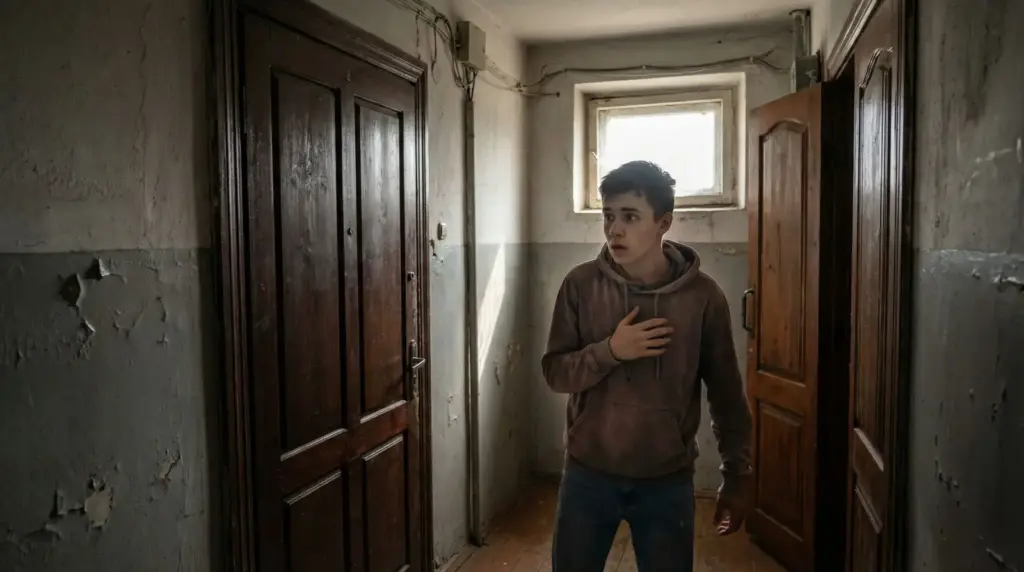 Teenage boy in a worn apartment hallway, looking frightened as a door stands open behind him.