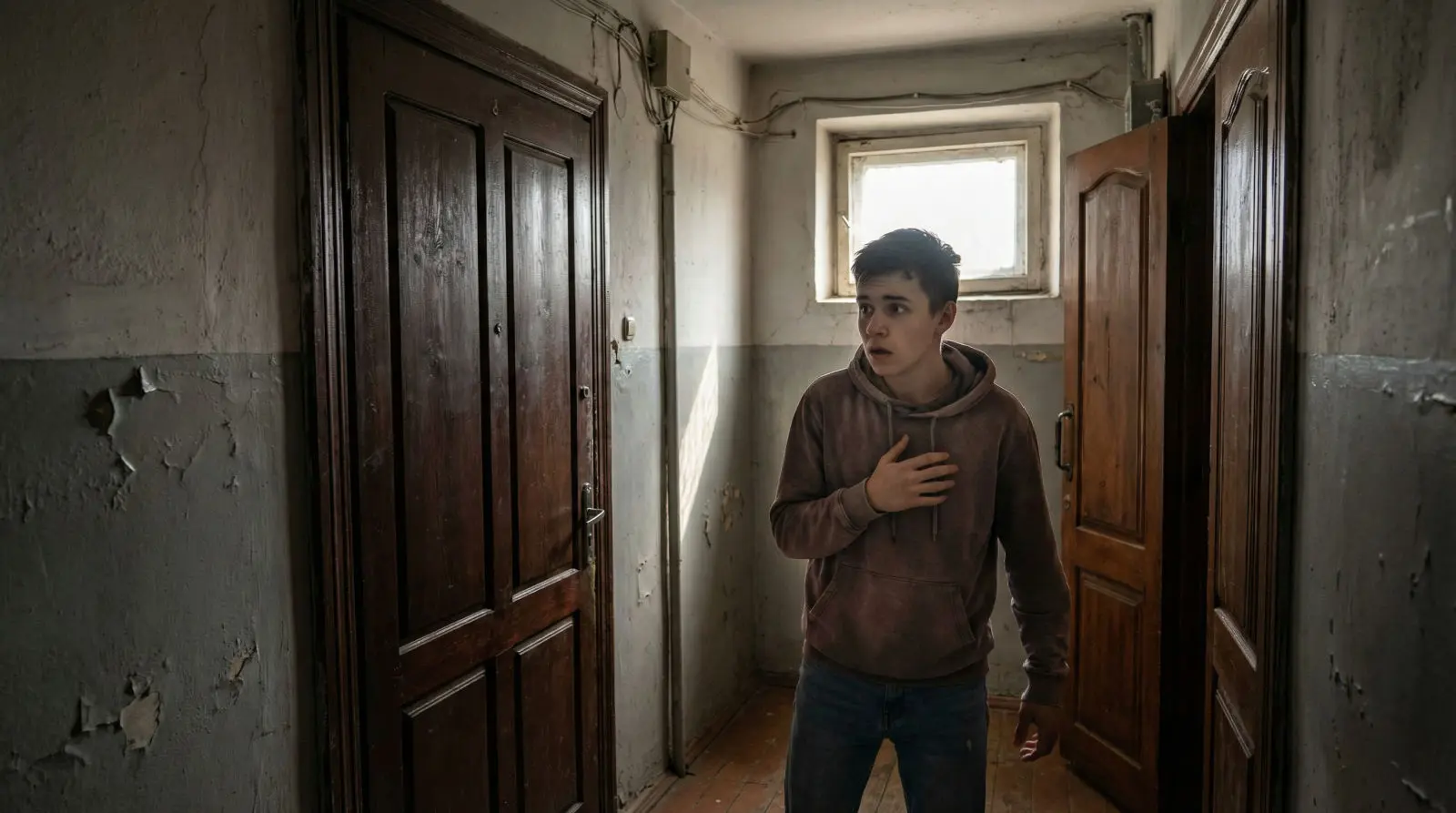 Teenage boy in a worn apartment hallway, looking frightened as a door stands open behind him.
